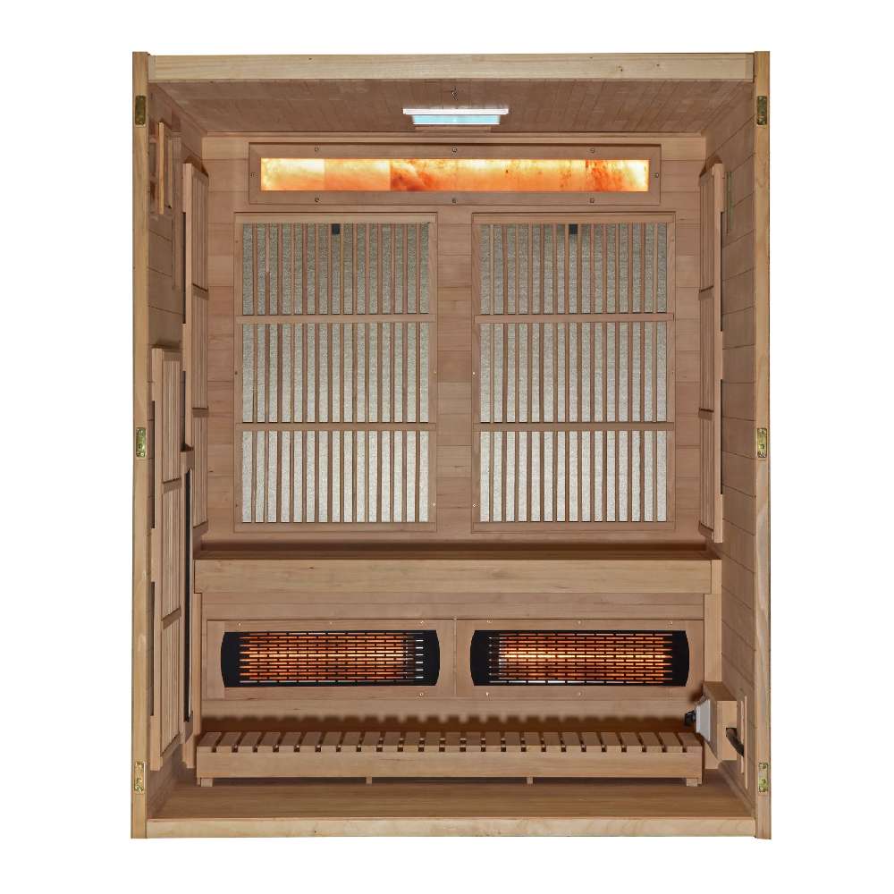 Open front view of Golden Designs Soria 3 Person Indoor Hybrid Sauna with Full Spectrum IR and Harvia Stove showing the lit salt bar, carbon panels, slatted bench and two near infrared heaters