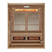Open front view of Golden Designs Soria 3 Person Indoor Hybrid Sauna with Full Spectrum IR and Harvia Stove showing the lit salt bar, carbon panels, slatted bench and two near infrared heaters