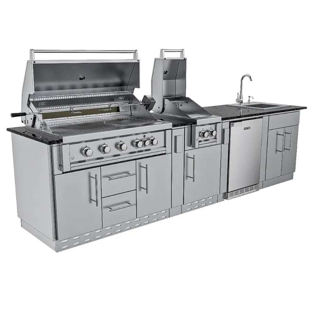 Open grill view of Sunstone Gulf Breeze 10ft Expansive Cabinet Island Package showing cooking grates and side burner