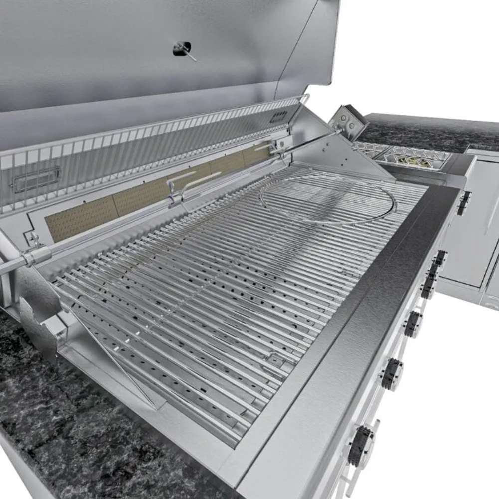 Open grill view of Sunstone Rancher L-Shaped 8′11″ × 11′ Outdoor Kitchen Package showing large cooking grates and rotisserie
