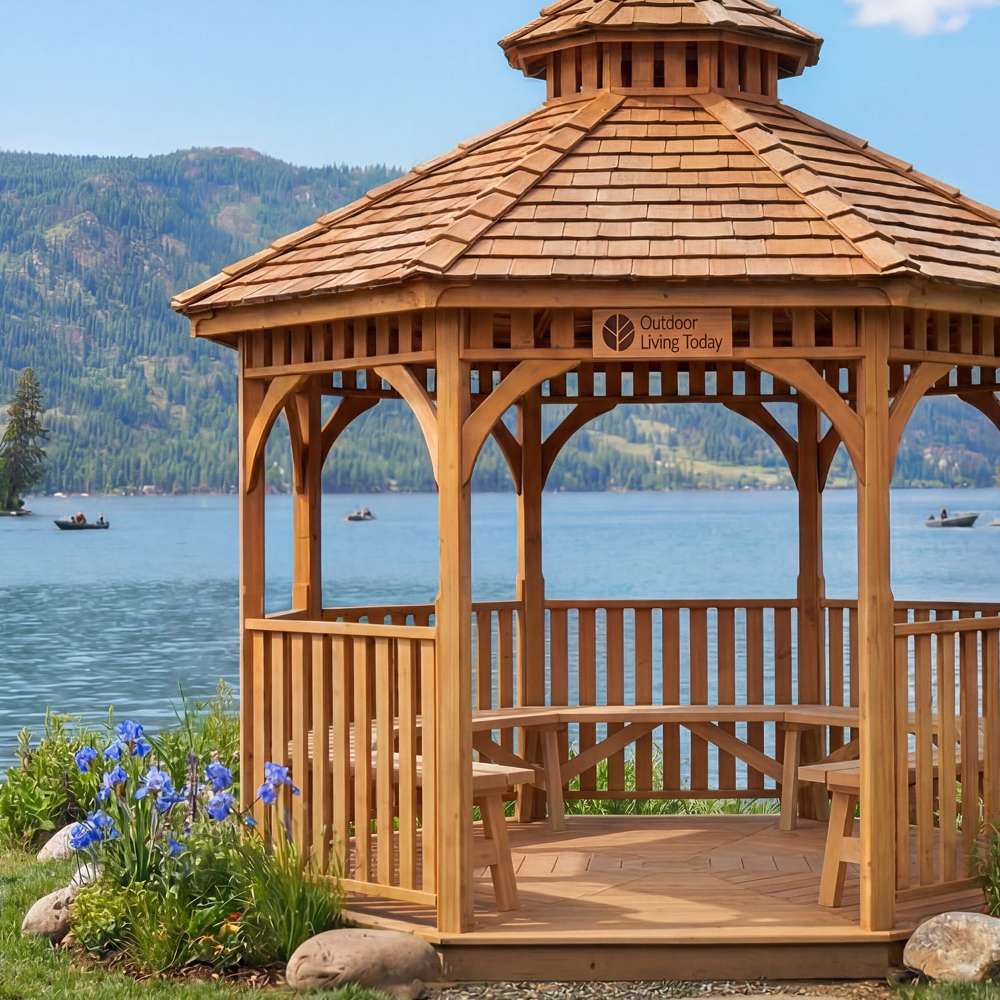 Open interior of Outdoor Living Today Western Red Cedar Octagon Bayside Gazebo with built-in seating and scenic lake views
