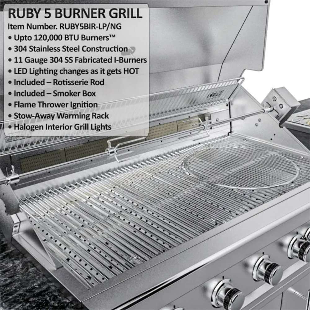 Open main grill of Sunstone Gulf Breeze 10ft Expansive Cabinet Island Package showing large cooking surface and control knobs