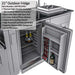Open outdoor fridge with drinks and labeled specs in the Sunstone Texas Tango 19ft Outdoor Kitchen Island Package