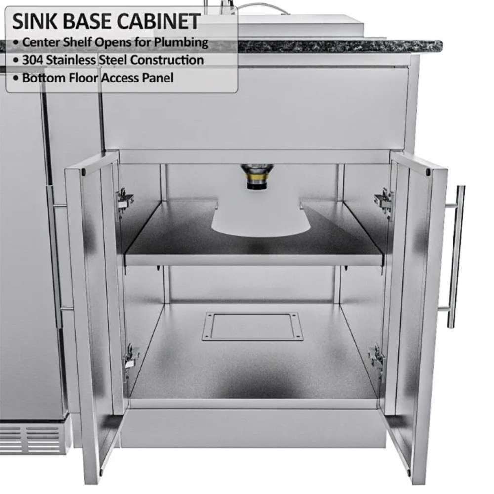 Open sink base cabinet with shelves and plumbing access inside the Sunstone Texas Tango 19ft Outdoor Kitchen Island Package