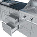 Open stainless steel drawers and grill controls showing storage space in the Sunstone Texas Tango 19ft Outdoor Kitchen Island Package