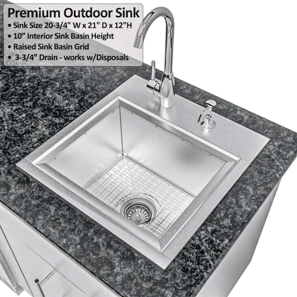 Open stainless steel sink basin with drain and labeled specs in the Sunstone Texas Tango 19ft Outdoor Kitchen Island Package