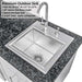 Open stainless steel sink basin with drain and labeled specs in the Sunstone Texas Tango 19ft Outdoor Kitchen Island Package