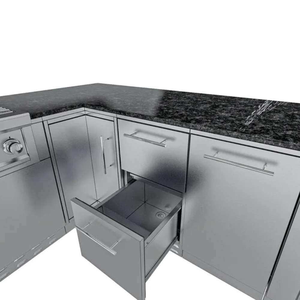 Open storage drawer of Sunstone Rancher L-Shaped 8′11″ × 11′ Outdoor Kitchen Package revealing a deep compartment
