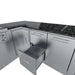 Open storage drawer of Sunstone Rancher L-Shaped 8′11″ × 11′ Outdoor Kitchen Package revealing a deep compartment