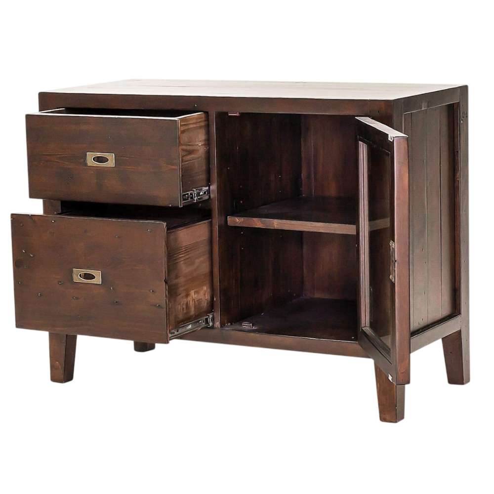 Open storage view of Crate & Barrel Morris Chocolate Brown Credenza revealing spacious drawers and adjustable shelving