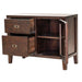 Open storage view of Crate & Barrel Morris Chocolate Brown Credenza revealing spacious drawers and adjustable shelving