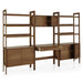Open storage view of Crate & Barrel Tate 108" Walnut Bookcase Desk with Outlet Set, showing cabinet interiors, shelving, and a pull-out desk drawer