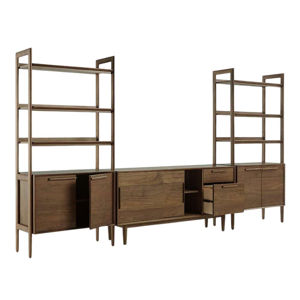 Open storage view of Crate & Barrel Tate 136.5" Walnut Storage Media Console and Bookcase Set showing cabinet compartments, shelving, and a file drawer