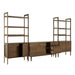 Open storage view of Crate & Barrel Tate 136.5" Walnut Storage Media Console and Bookcase Set showing cabinet compartments, shelving, and a file drawer