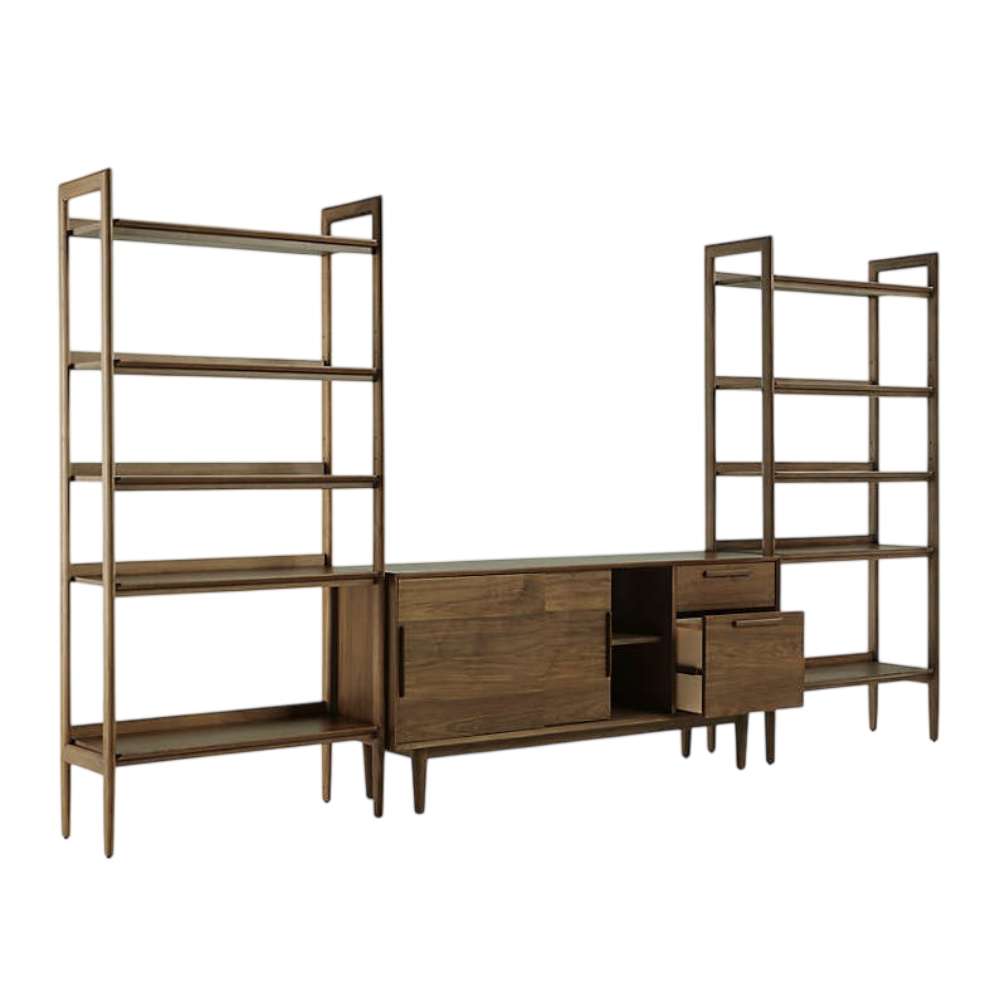 Open storage view of Crate & Barrel Tate 136.5" Walnut Storage Media Console and Bookshelf Set showing interior shelving and an extended file drawer