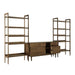 Open storage view of Crate & Barrel Tate 136.5" Walnut Storage Media Console and Bookshelf Set showing interior shelving and an extended file drawer
