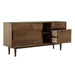 Open storage view of Crate & Barrel Tate 64.5" Walnut Storage Media Console revealing interior shelving and organization space