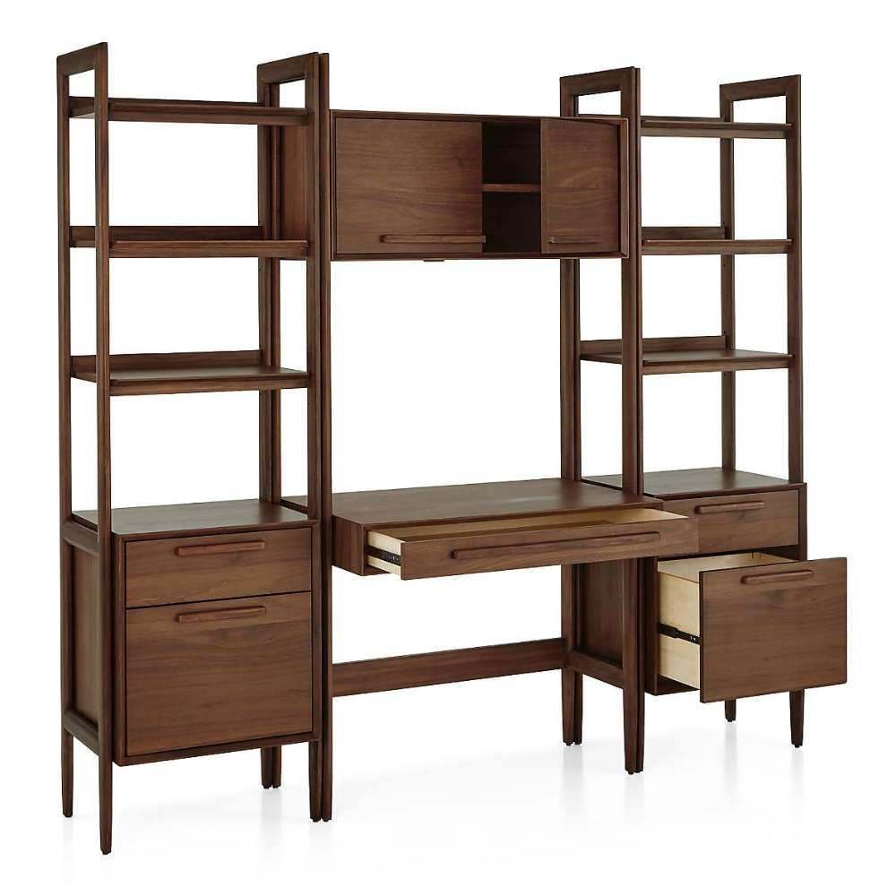 Open storage view of Crate & Barrel Tate Walnut Bookcase Desk with Outlet with 2 Bookcase File Cabinets showing cabinet space, desk drawer, and file drawer access