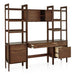 Open storage view of Crate & Barrel Tate Walnut Bookcase Desk with Outlet with 2 Bookcase File Cabinets showing cabinet space, desk drawer, and file drawer access