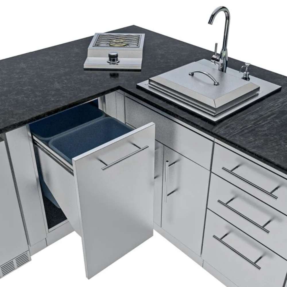 Open trash cabinet and sink area with drawers in the Sunstone Texas Tango 19ft Outdoor Kitchen Island Package