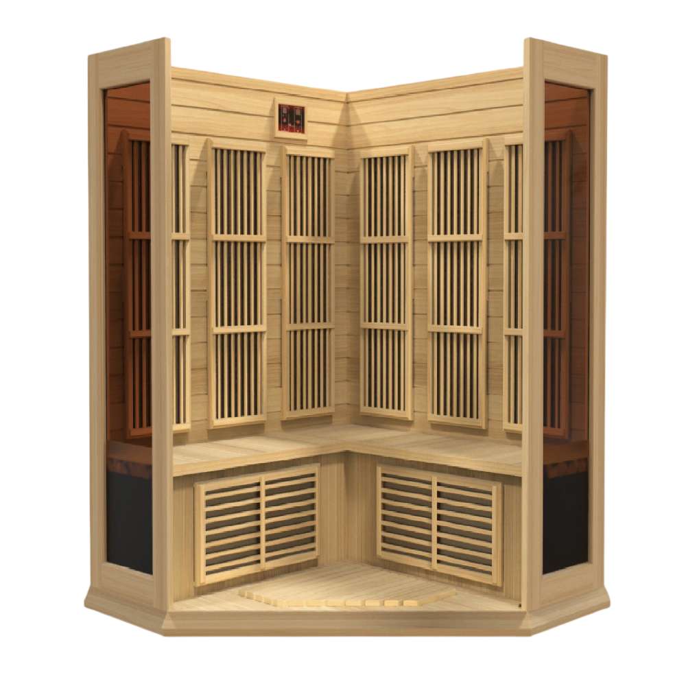 Open view of Golden Designs Maxxus 3 Person Low EMF Far Infrared Corner Sauna in Hemlock with the front removed showing carbon panels on both corner walls