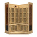 Open view of Golden Designs Maxxus 3 Person Low EMF Far Infrared Corner Sauna in Hemlock with the front removed showing carbon panels on both corner walls