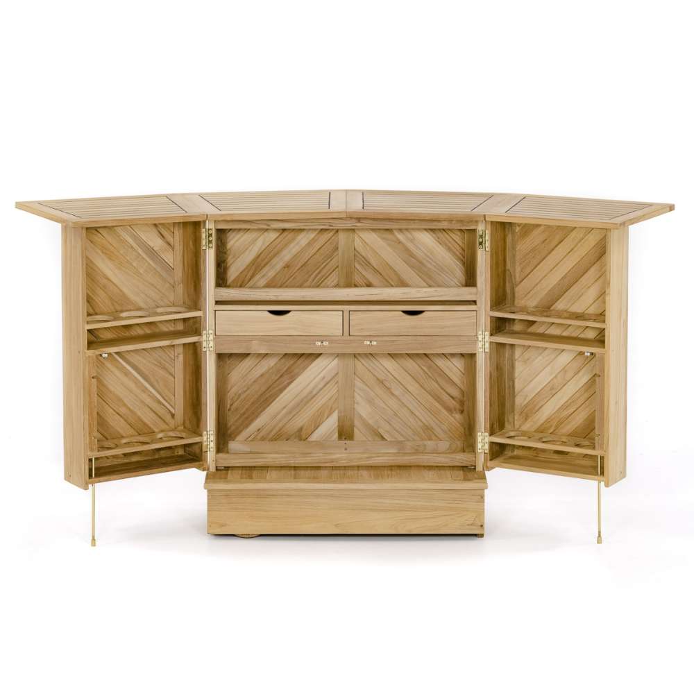 Opened bar cabinet from Westminster Teak Somerset 5pc Teak High Bar Set is shown from the rear, revealing shelves, drawers, and storage compartments