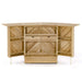 Opened bar cabinet from Westminster Teak Somerset 5pc Teak High Bar Set is shown from the rear, revealing shelves, drawers, and storage compartments