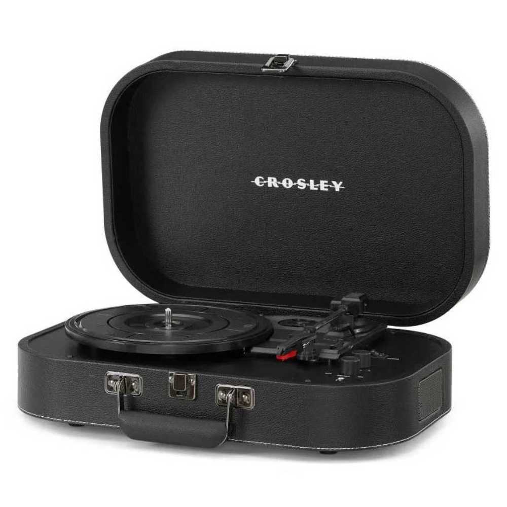 Open to display its components, the Crosley Discovery Portable Turntable with Bluetooth Out - Black reveals a black turntable platter, tonearm, and built-in controls