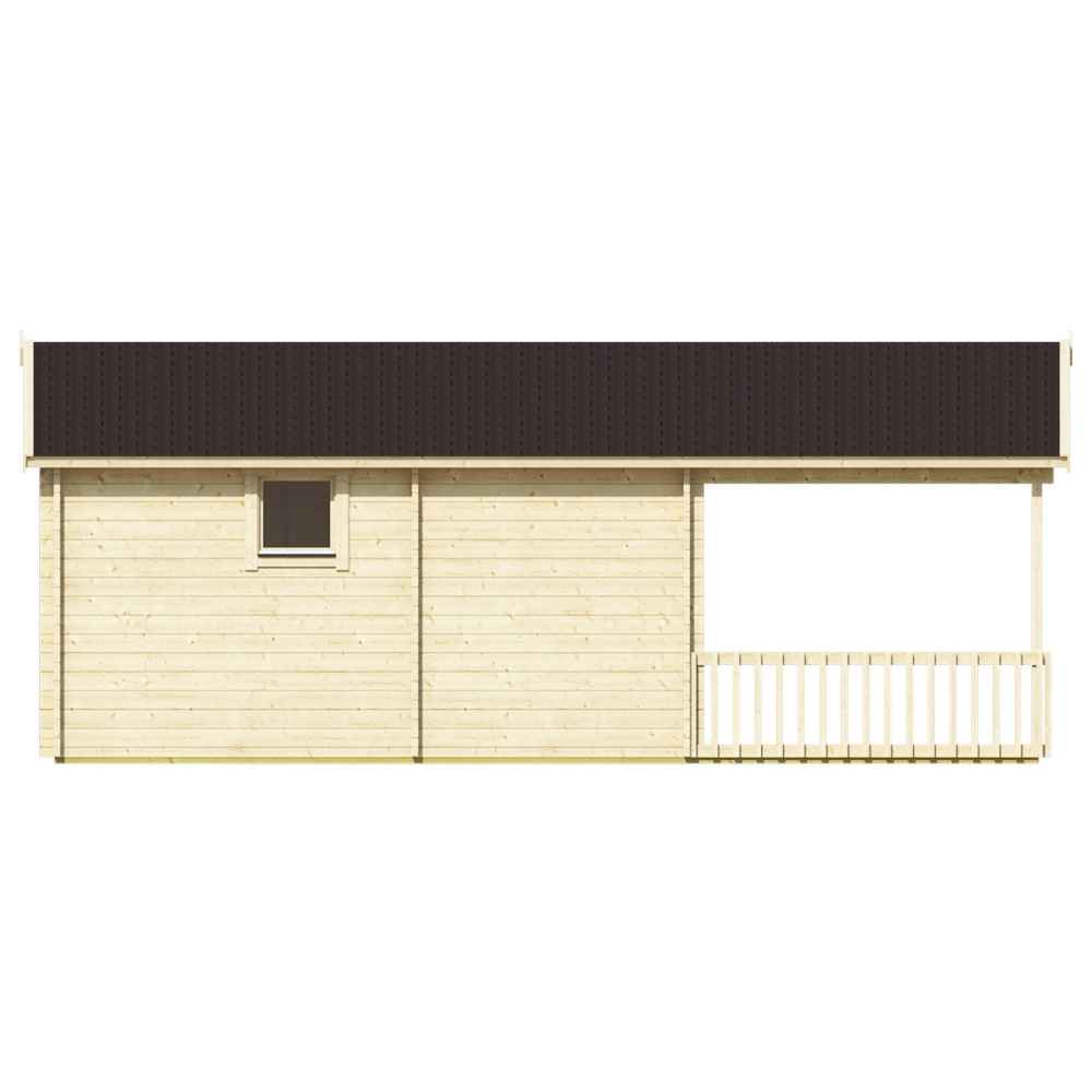 Opposite side view of the GardenHouse24 USA Nepean 44A Garden Room, featuring a single small window and an extended wooden porch area