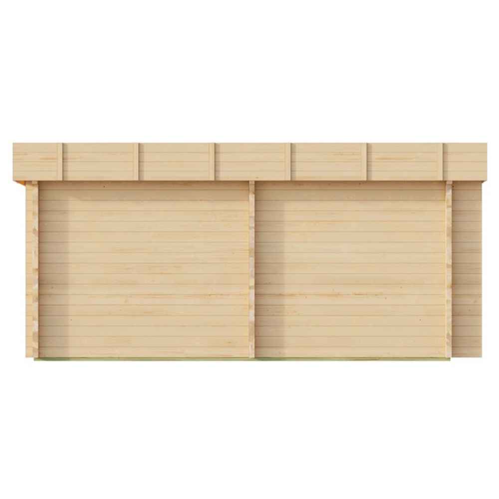 Opposite side view of the GardenHouse24 USA Sauna Forte 70 Garden Room revealing smooth wooden paneling and a modern boxy roofline