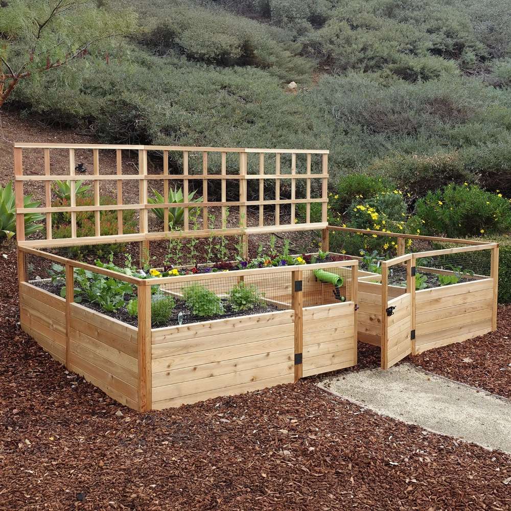 Outdoor Living Today 12ft Raised Garden Bed Climbing Support frames a backyard garden bed with a central walkway and tall lattice panels on the sides