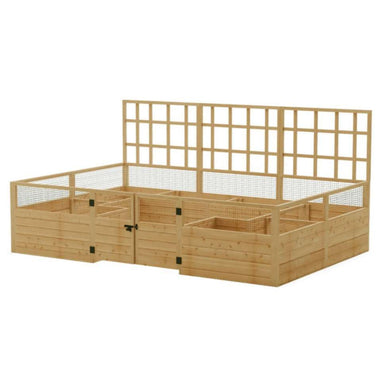 Outdoor Living Today 12ft Raised Garden Bed Climbing Support is displayed fully assembled on a large raised garden bed with wooden walls and lattice panels along the back