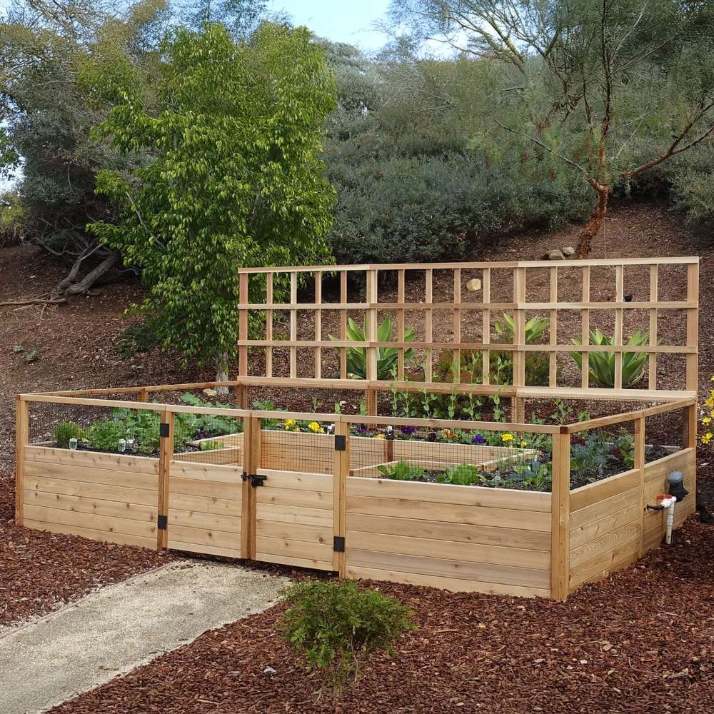 Outdoor Living Today 12ft Raised Garden Bed Climbing Support is shown from the front with symmetrical lattice panels behind a raised garden bed