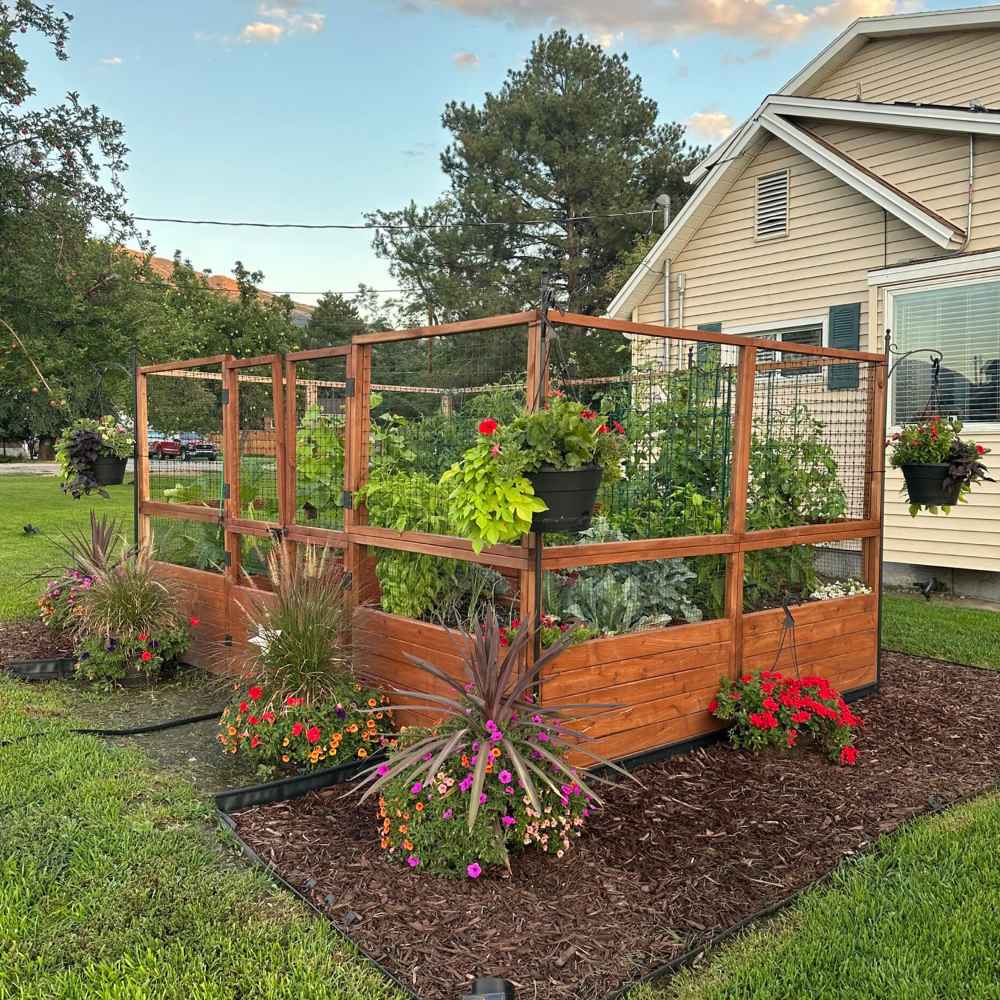 Outdoor Living Today 12×8 Raised Garden Bed is fully planted with vegetables and colorful flowers, placed on a well-manicured lawn beside a house