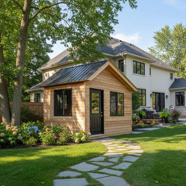 Outdoor Living Today 12×8 Saltbox Studio Outdoor Office appears as a cedar shed placed in a landscaped backyard beside a modern home