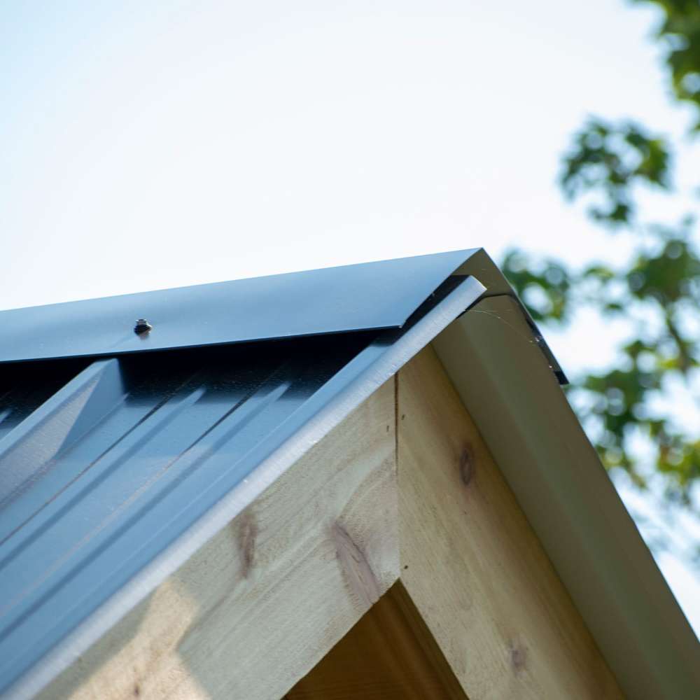 Outdoor Living Today 12×8 Saltbox Studio Outdoor Office is detailed in a close-up of the roof edge and trim