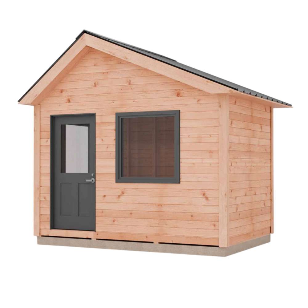 Outdoor Living Today 12×8 Saltbox Studio Outdoor Office is displayed in a front-facing view featuring a compact cedar structure with a dark door, one window, and a sloped roof