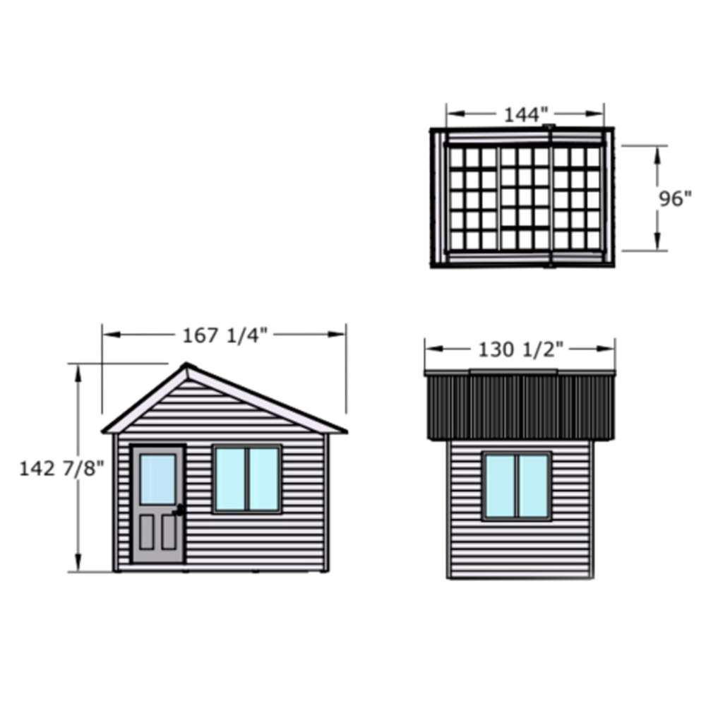 Outdoor Living Today 12×8 Saltbox Studio Outdoor Office is illustrated in a technical diagram showing dimensions, front, side, and top views of the structure