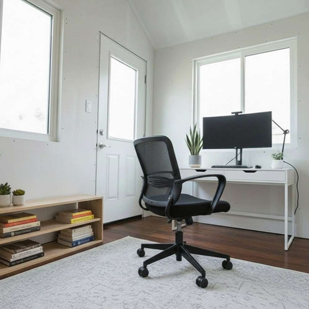 Outdoor Living Today 12×8 Saltbox Studio Outdoor Office is presented as a finished interior workspace with a desk, chair, computer, and shelves in a bright white room