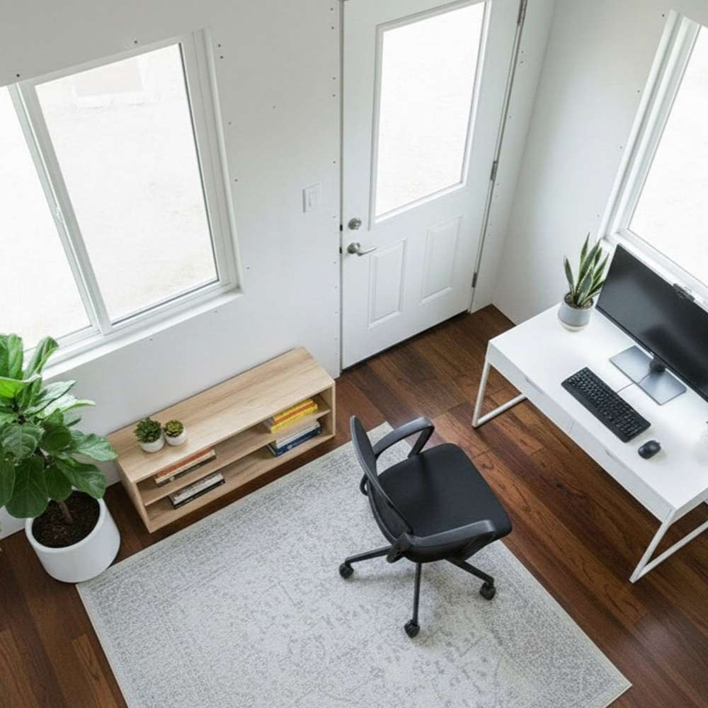 Outdoor Living Today 12×8 Saltbox Studio Outdoor Office is shown from above inside, featuring a desk setup, office chair, plants, and a small bookshelf on a rug