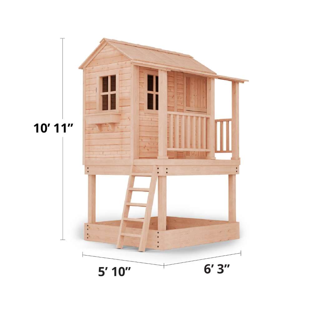 Outdoor Living Today 6x6 Little Cedar Playhouse & Sandbox highlights dimensions of 10’11” height, 5’10” width, and 6’3” depth