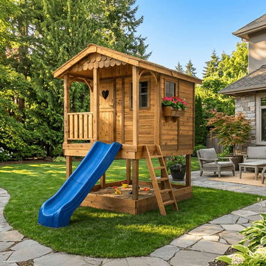 Outdoor Living Today 6x9 Sunflower Playhouse & Sandbox features a raised cedar playhouse with a porch, ladder, blue slide, and sandbox underneath in a backyard
