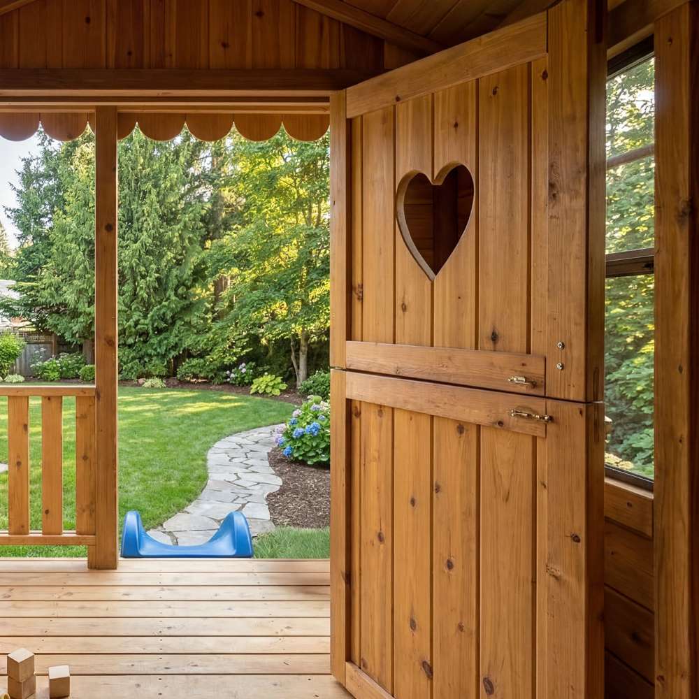 Outdoor Living Today 6x9 Sunflower Playhouse & Sandbox features an interior porch view with a wooden door, heart-shaped cutout, and garden visible outside