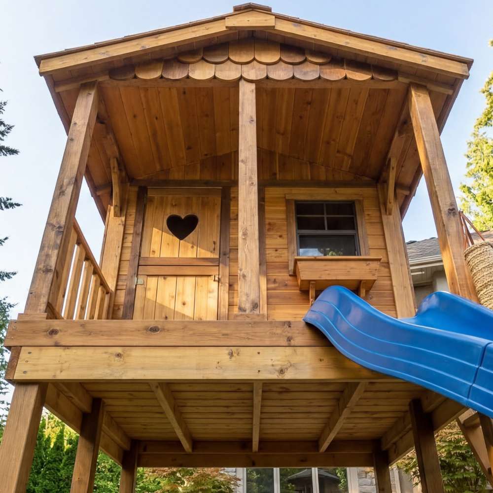 Outdoor Living Today 6x9 Sunflower Playhouse & Sandbox highlights a close-up of the cedar porch, heart-cutout door, and blue slide from below