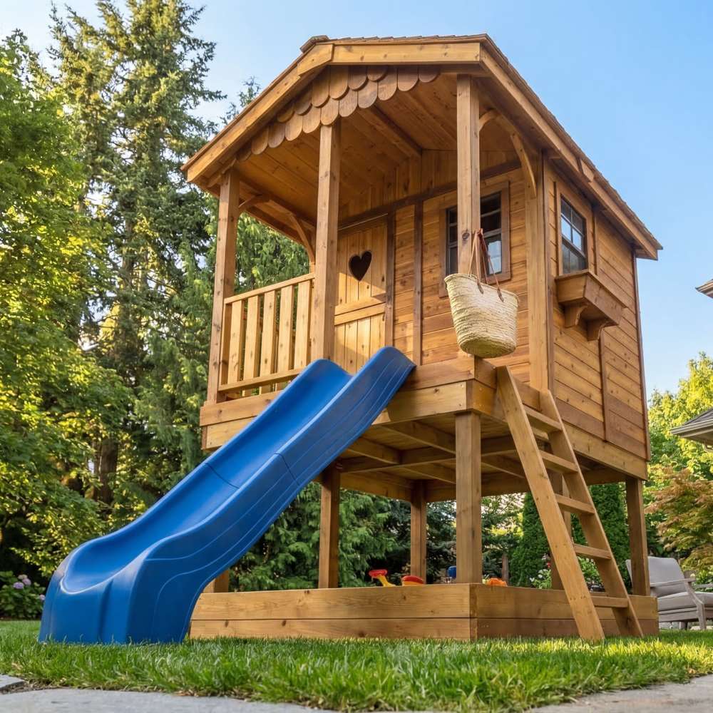 Outdoor Living Today 6x9 Sunflower Playhouse & Sandbox includes a wooden playhouse with a small front porch, heart-shaped door, ladder, and slide leading to a sandbox