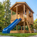 Outdoor Living Today 6x9 Sunflower Playhouse & Sandbox includes a wooden playhouse with a small front porch, heart-shaped door, ladder, and slide leading to a sandbox
