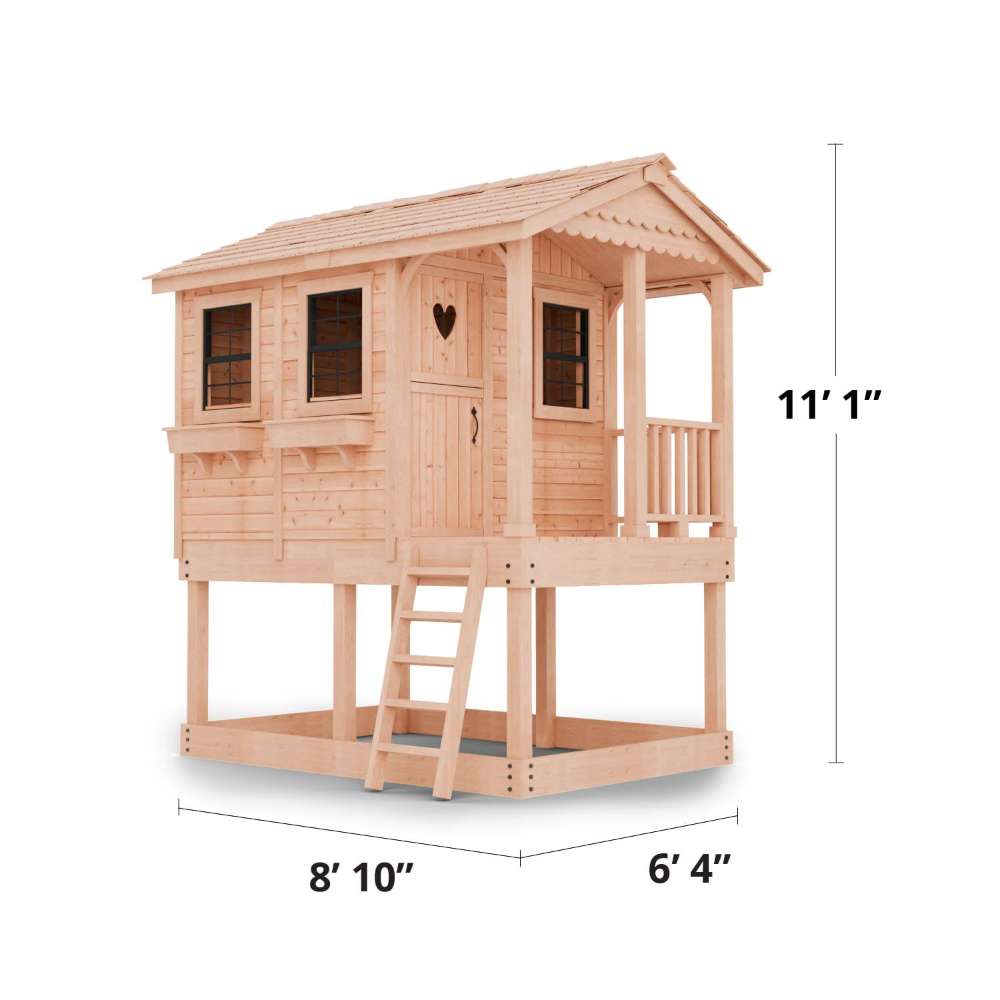 Outdoor Living Today 6x9 Sunflower Playhouse & Sandbox measures 8'10" wide, 6'4" deep, and 11'1" tall for a spacious backyard play area