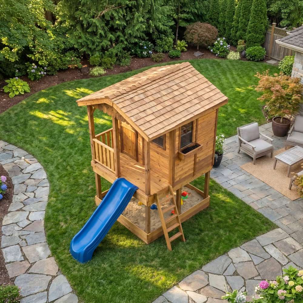 Outdoor Living Today 6x9 Sunflower Playhouse & Sandbox offers an overhead view of the playhouse, showing the roof, slide, ladder, and sandbox area in a landscaped yard