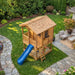 Outdoor Living Today 6x9 Sunflower Playhouse & Sandbox offers an overhead view of the playhouse, showing the roof, slide, ladder, and sandbox area in a landscaped yard